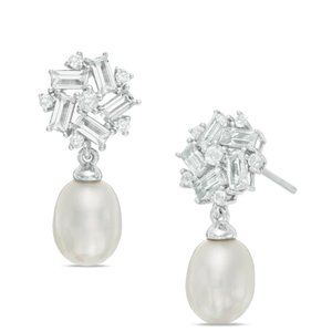 Pearl and White Topaz Cluster Drop Earrings